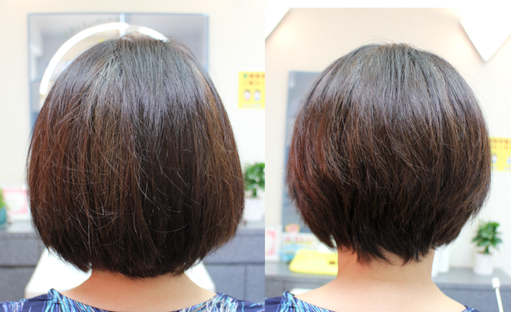 髪質改善くせ毛カットで、髪のふくらみが改善されて頭が小っちゃくなったビフォーアフターの写真