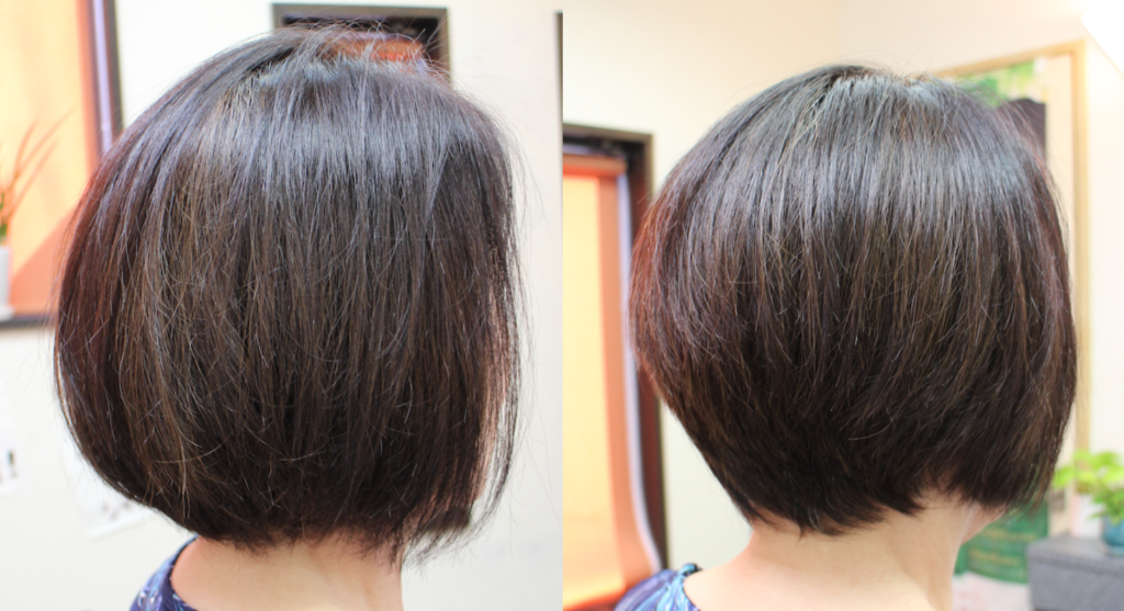 髪の膨らみ、特に後頭部の膨らみを「髪質改善くせ毛カット」で改善したビフォーアフターの写真