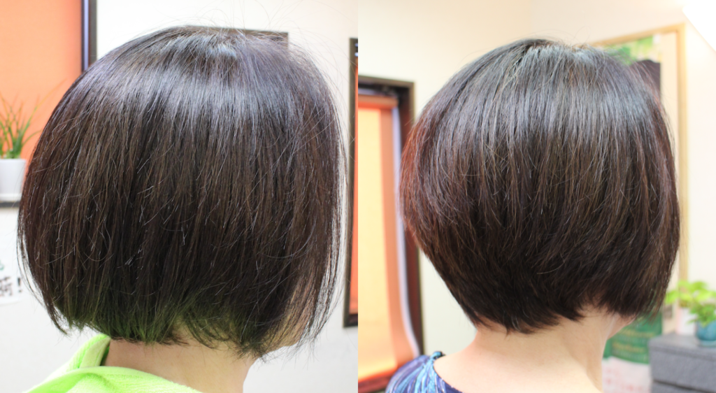 髪質改善くせ毛カットをする前と、2回目の髪質改善くせ毛カット後のビフォーアフターの写真
