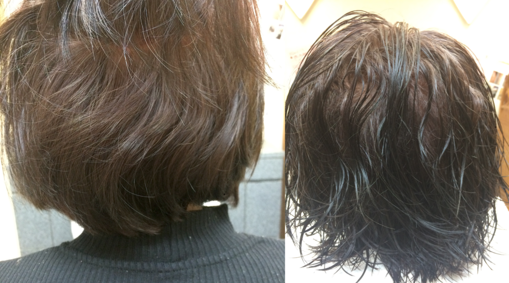 後頭部に生え癖があり髪が上手く収まらない状態の写真