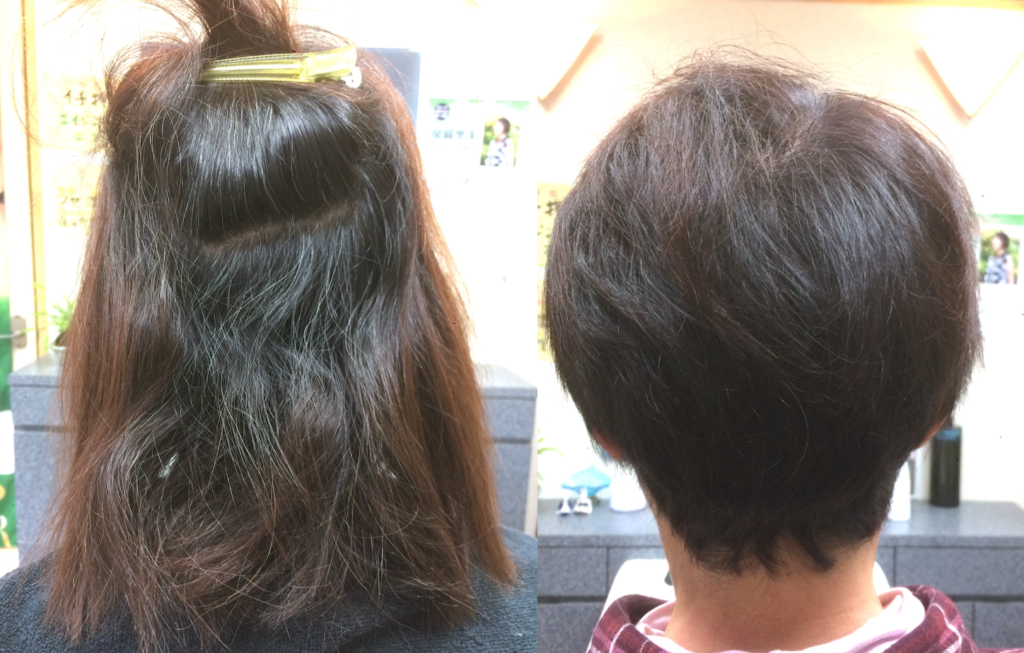 縮毛矯正を止めたくて一気にショートヘアにしたビフォーアフター写真